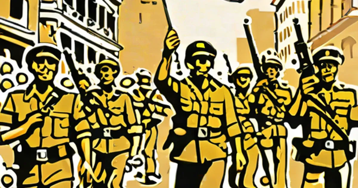 Revolutionary soldiers in military uniforms holding weapons in graphic poster art