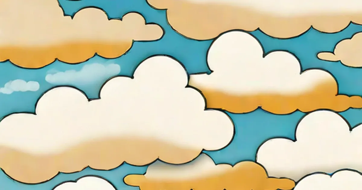 Illustrated puffy clouds in white and gold tones against a blue sky