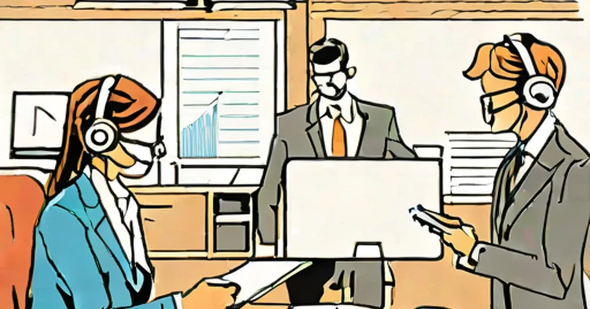 Three professionals wearing headsets work in a customer service office