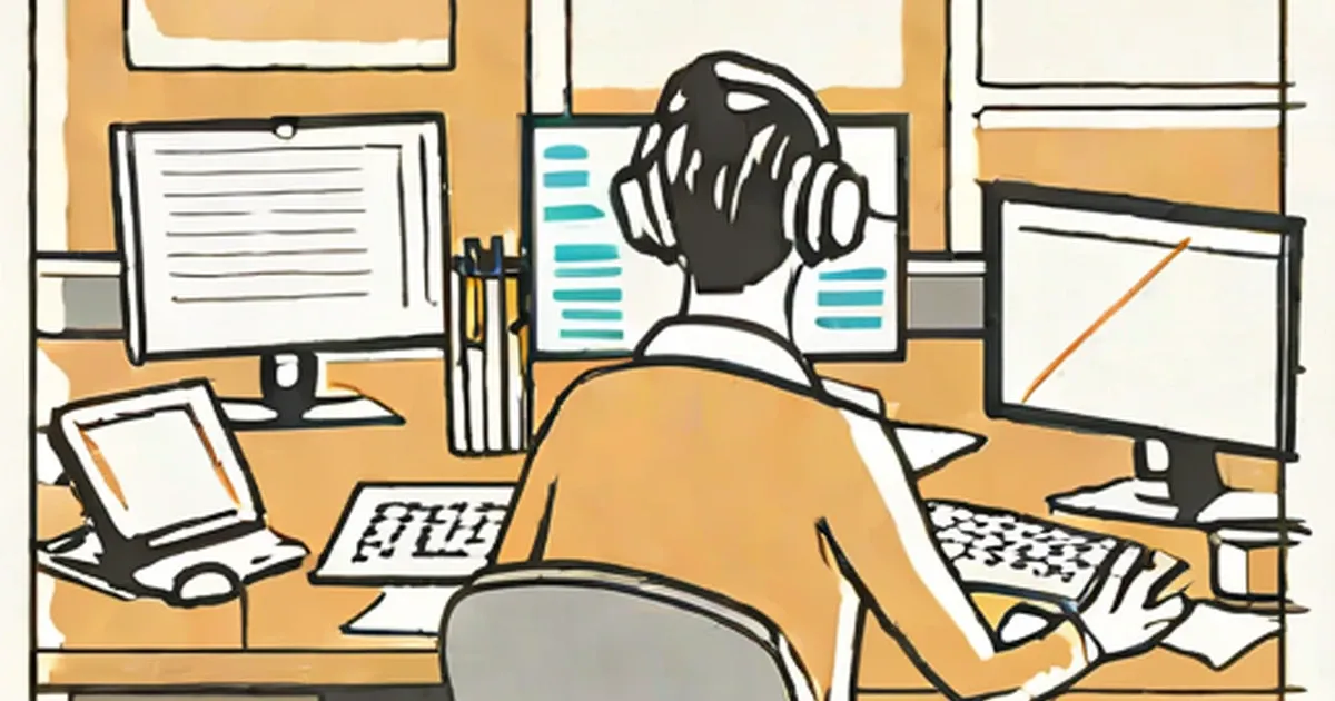 Person wearing headphones seated at desk with multiple computer screens and keyboards