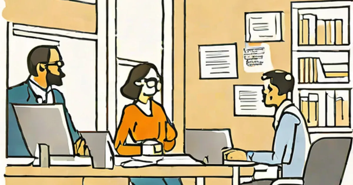 Three business professionals in an office discussing at a desk