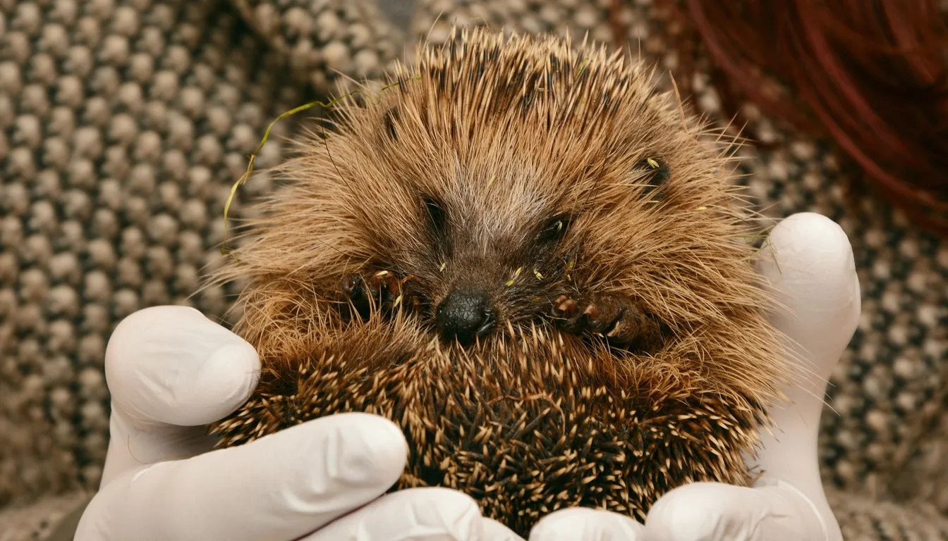 A hedgehog curled in a person's gloved hands