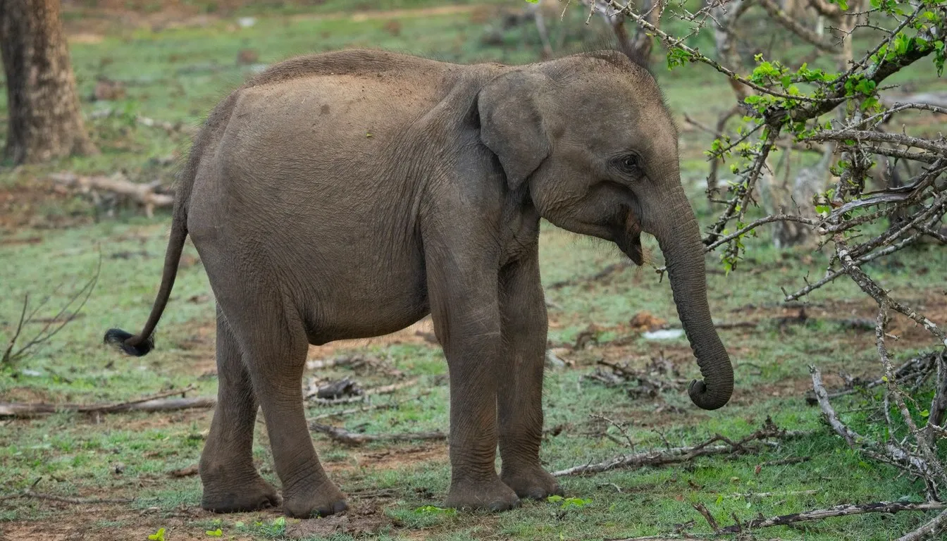 A young elephant walking through scrubland