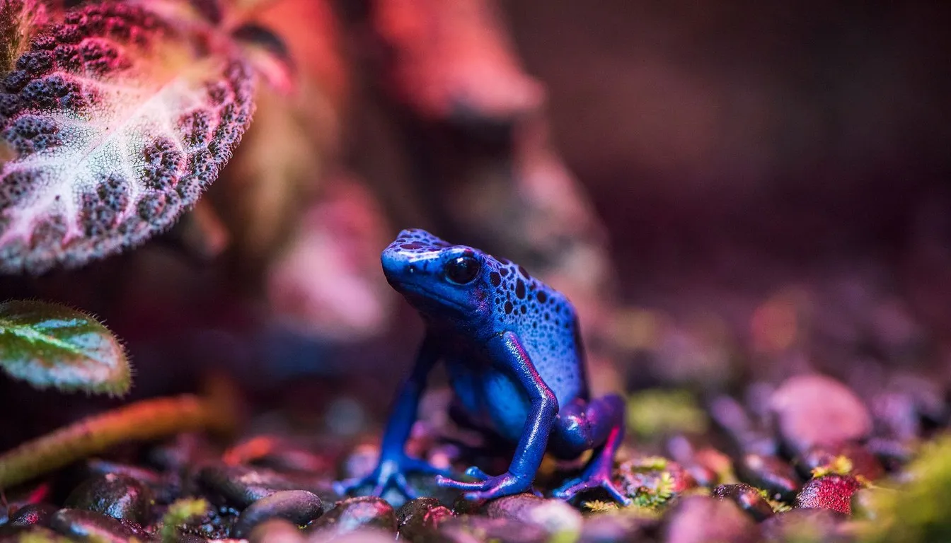 A blue poison dart frog on a colorful forest floor