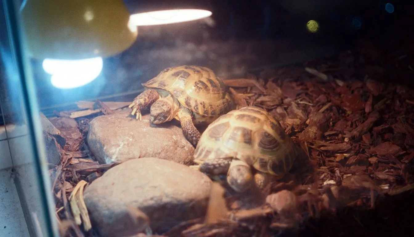 Tortoises in a terrarium under a heat lamp