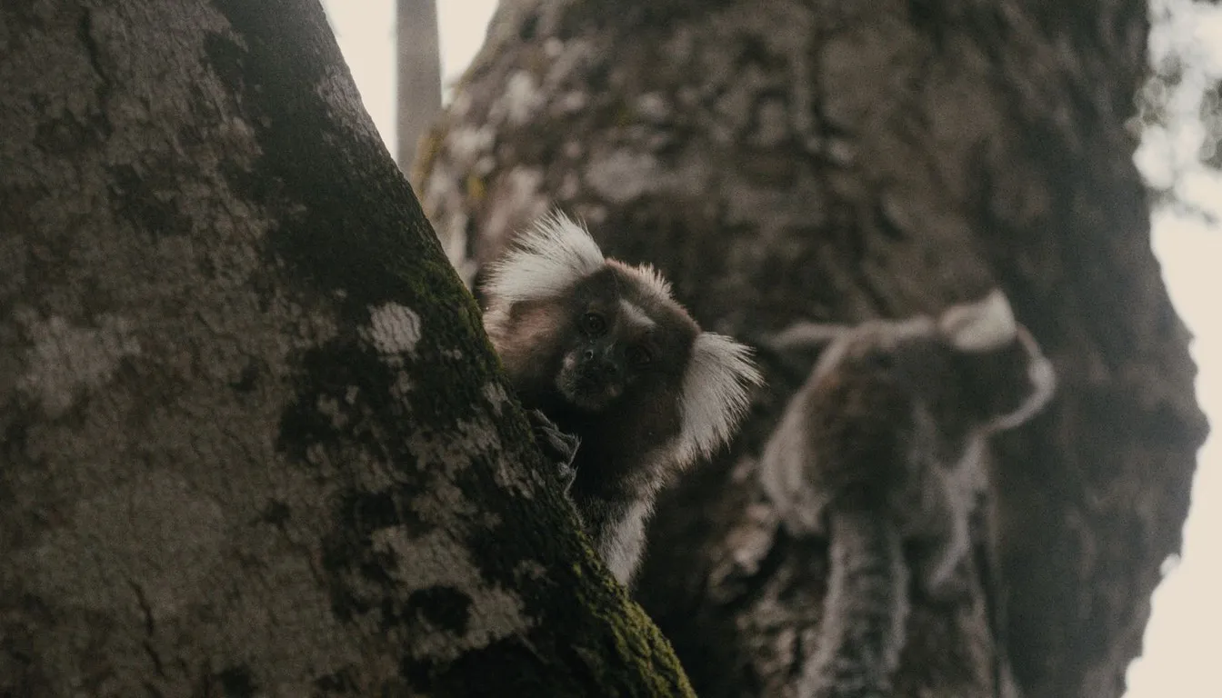A tufted monkey resting in a tree, in black and white