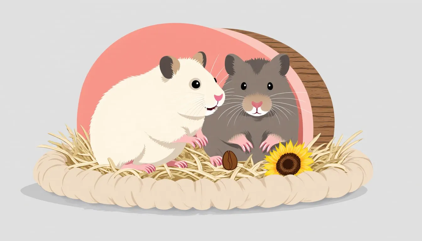 Two cute hamsters nestled together in a nest of wood shavings