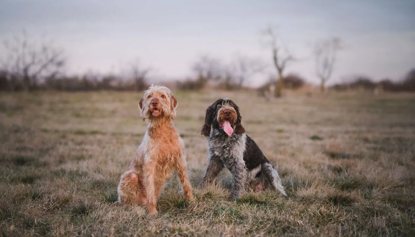 Two dogs sitting side by side in an open field
