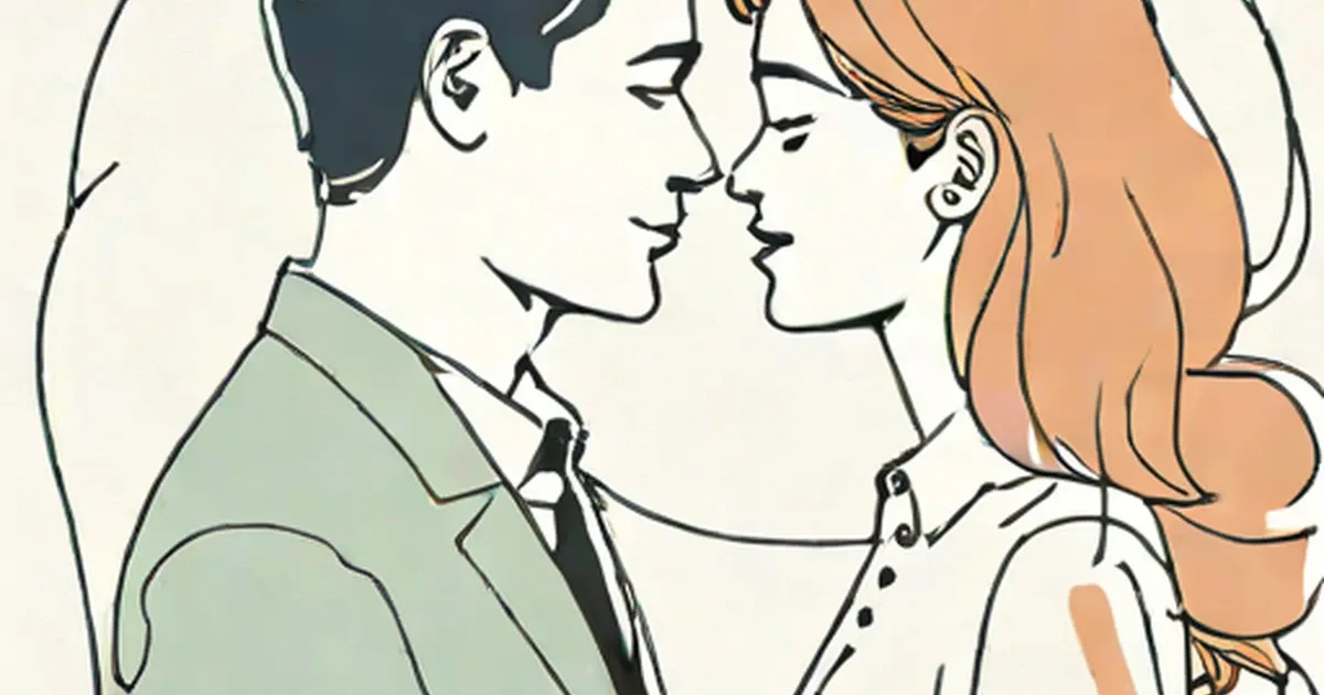 Illustrated couple leaning in for a kiss in profile