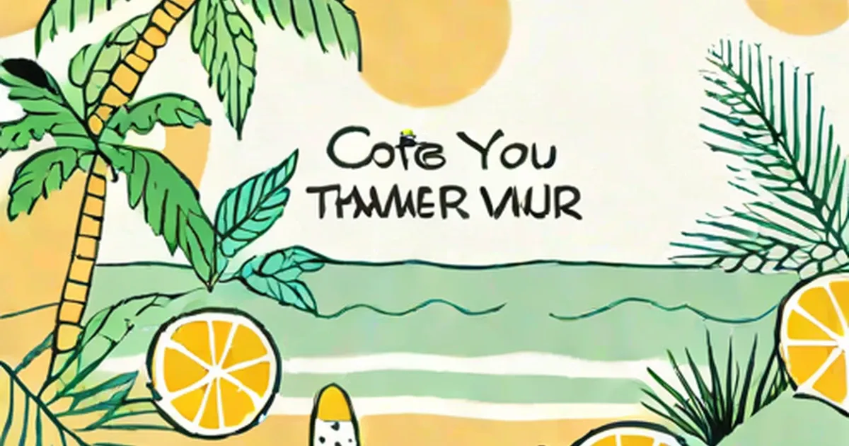 Tropical illustration with palm trees, lemon slices, and leafy plants on a cream background