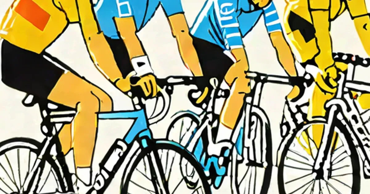 Cyclists in yellow and blue team jerseys riding road bikes