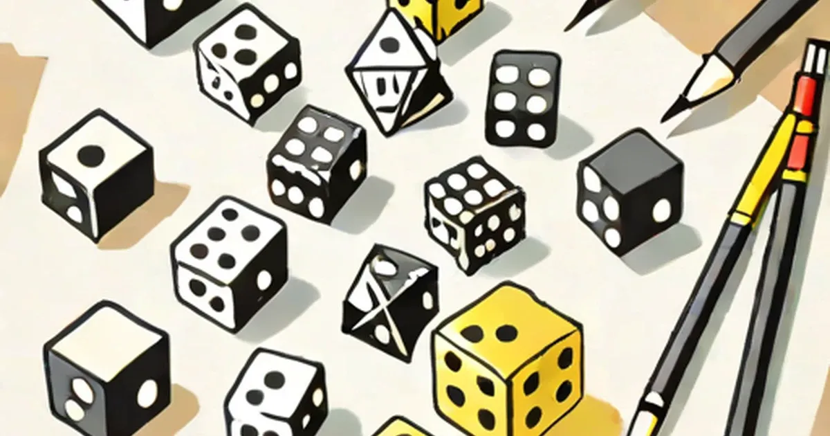 Decorated dice in various styles with paintbrushes and paint supplies