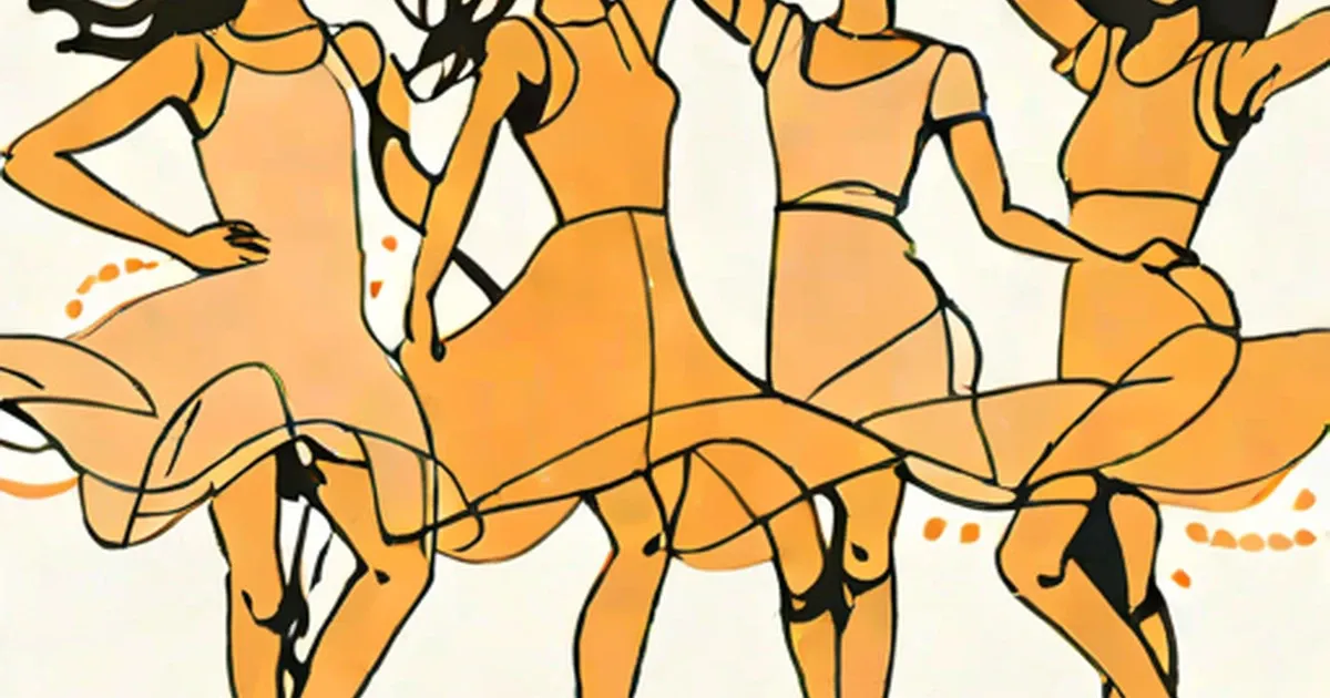 Dancers in orange costumes posing together in a stylized line-art illustration