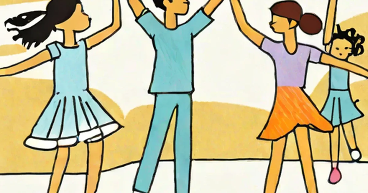 Illustrated children in colorful clothes dancing with arms raised