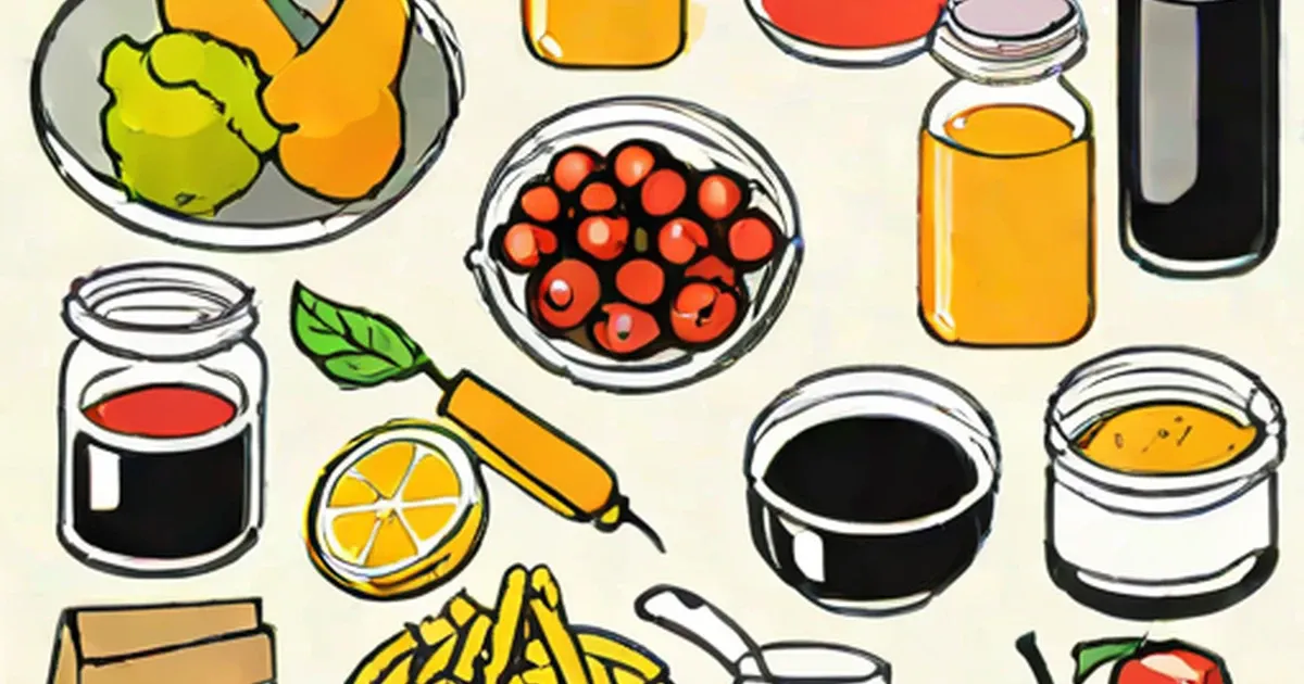 Illustrated assortment of fresh vegetables, fruits, condiments, and beverages