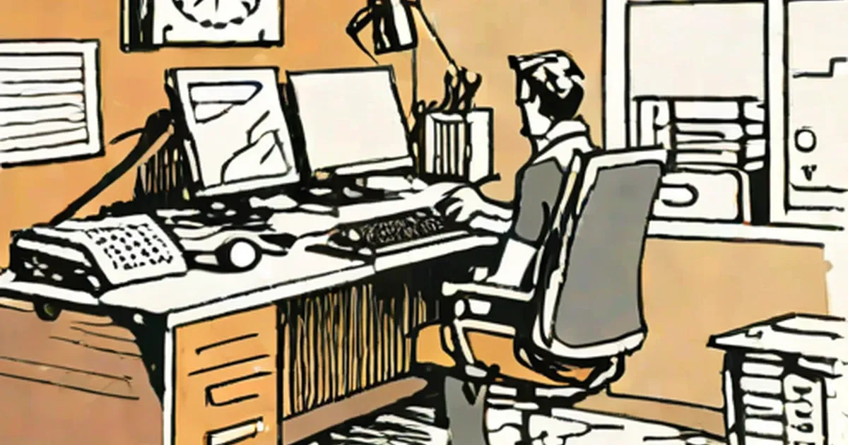 Illustration of a person working at a computer desk with monitor and keyboard