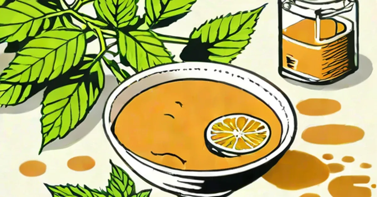 Stevia leaves and a bowl of orange juice with lemon slice