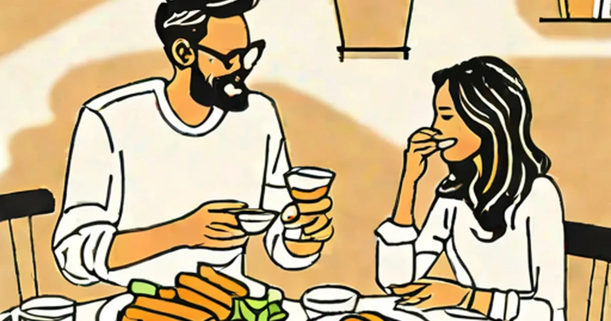 Illustrated couple sharing wine and a meal at a table