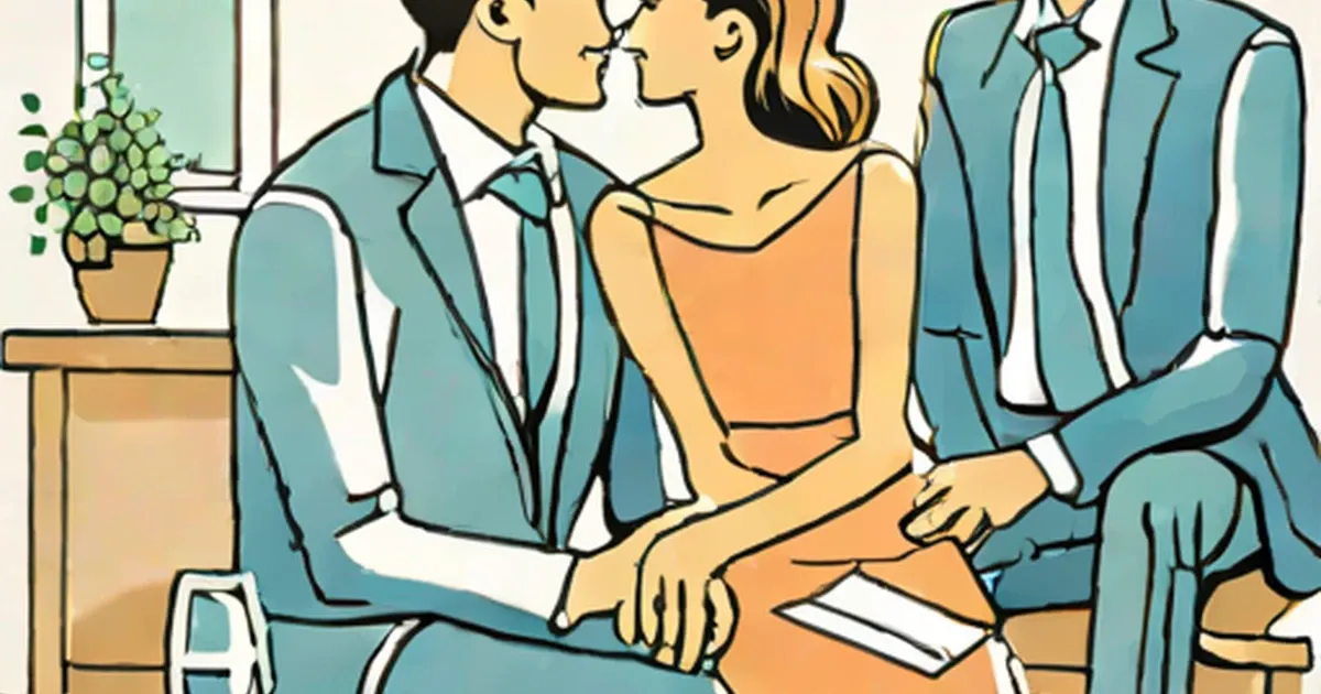 Illustration of a woman kissing a man in a blue suit while another man in a suit sits nearby