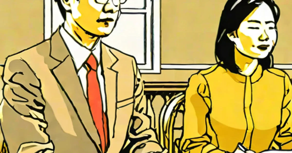 Woman in a yellow top conversing with a man in a tan suit and red tie