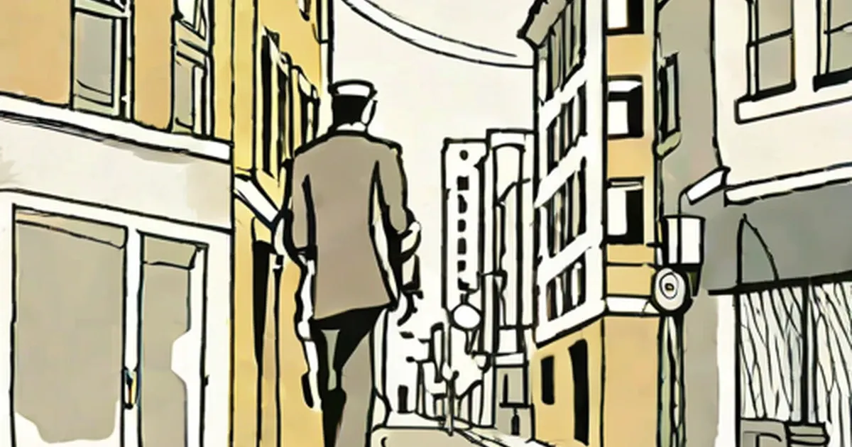Man walking away down a narrow European street between tall buildings