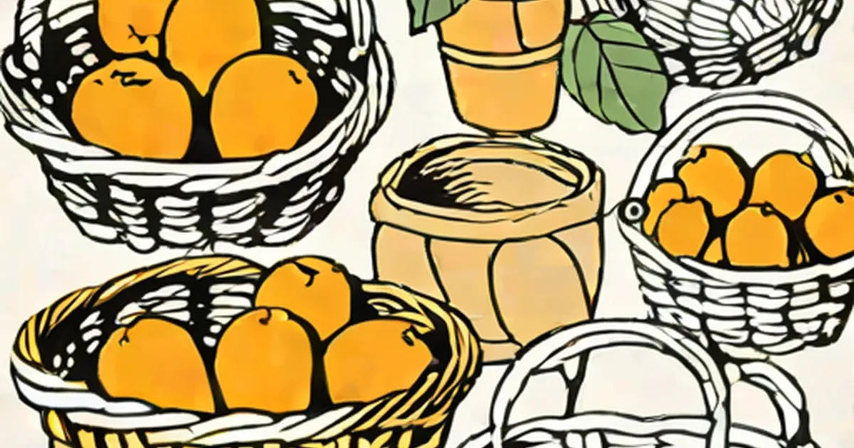 Woven baskets containing oranges and herbs in simple line art style
