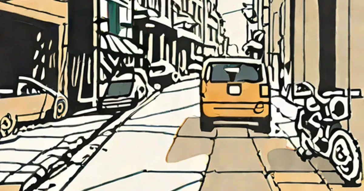 Yellow taxi cab on an urban street lined with tall buildings