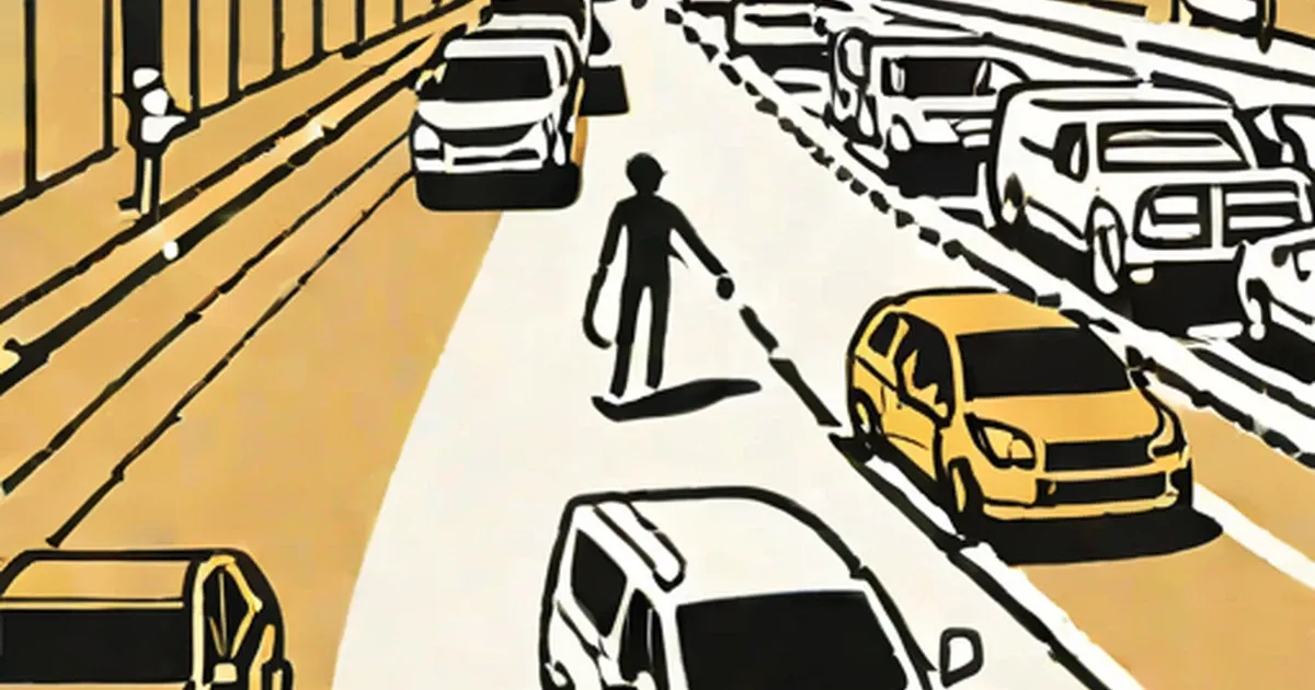 Pedestrian standing between parked vehicles on an urban street