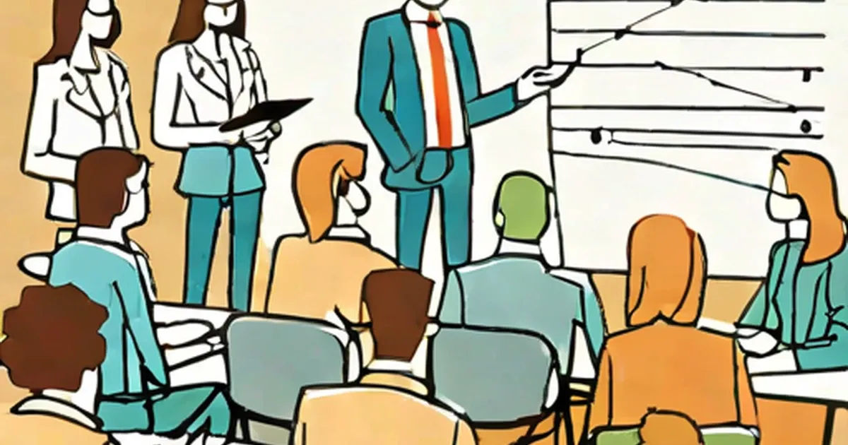 Executive pointing at a chart while presenting to team members