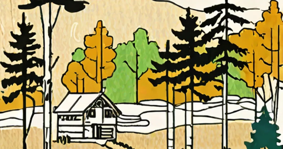 Forest landscape with cabin surrounded by trees in fall and winter colors