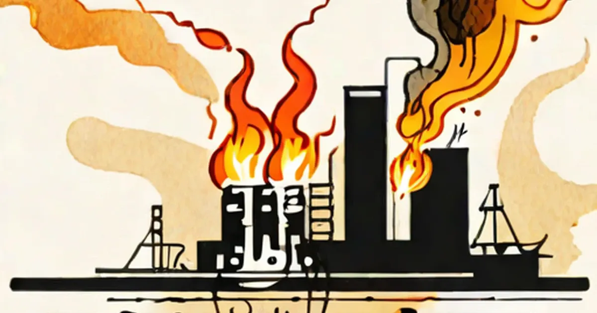 Silhouetted buildings on fire with yellow, orange, and red flames