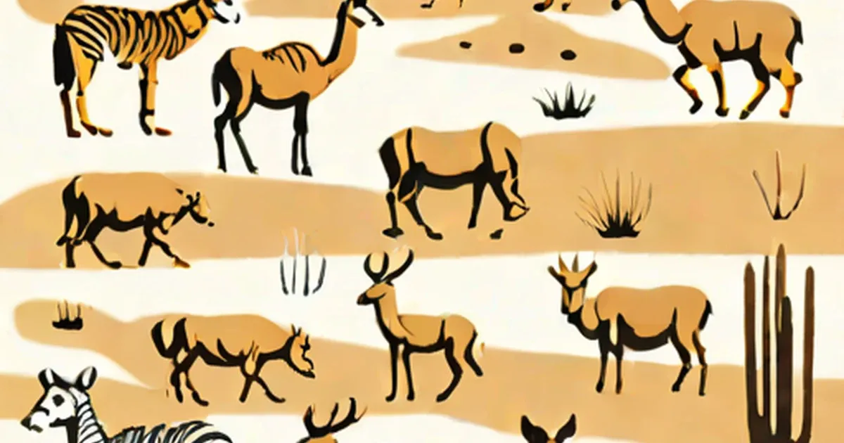 Stylized desert scene with zebras, camels, antelopes, cacti, and sparse vegetation