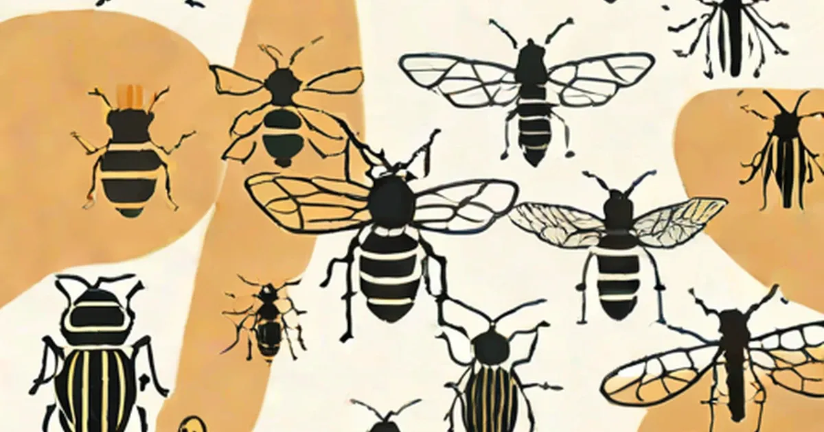 Illustrated beetles, bees, wasps, and dragonflies against a tan background