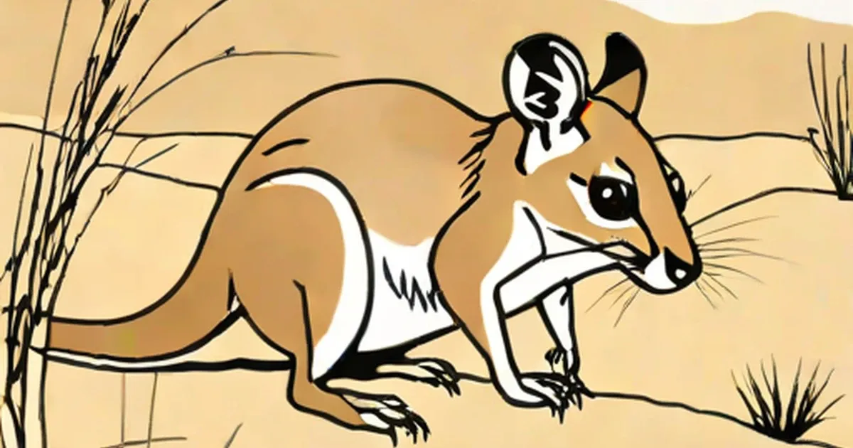 Kangaroo rat with tan and white fur, large ears, and curved tail in desert setting