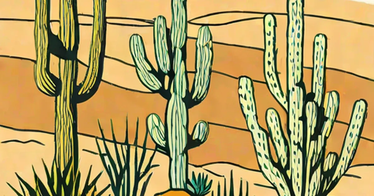 Illustrated saguaro and prickly pear cacti in a golden desert landscape