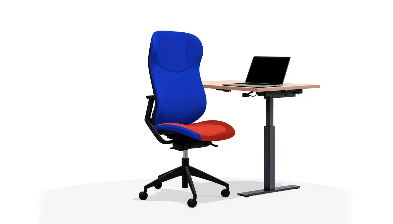 An office chair beside a height-adjustable standing desk with a laptop, the kind of setup where desk core exercises happen