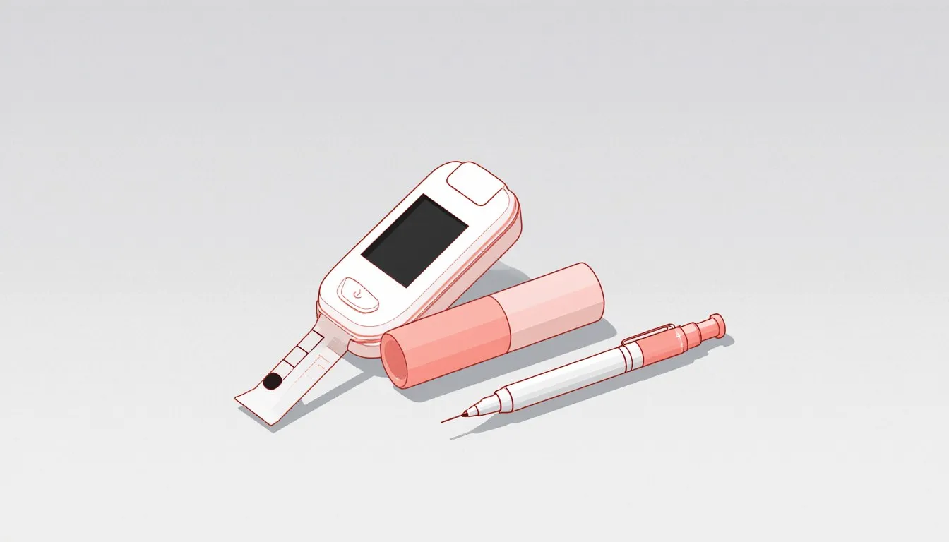 A blood glucose meter with a test strip beside an insulin pen and its cap, the everyday tools of diabetes monitoring and treatment.