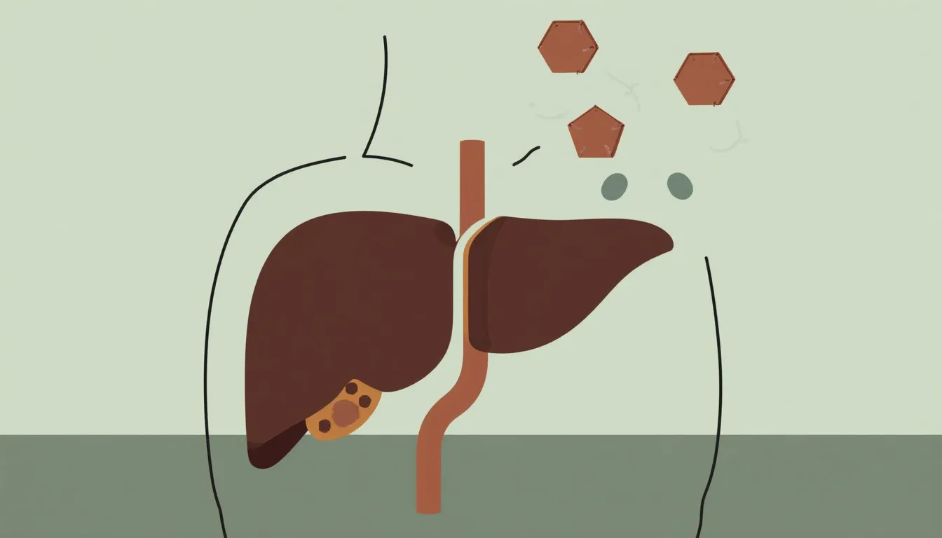 Stylized illustration of a liver beside a blood vessel with ketone molecule shapes drifting above it, representing diabetic ketoacidosis