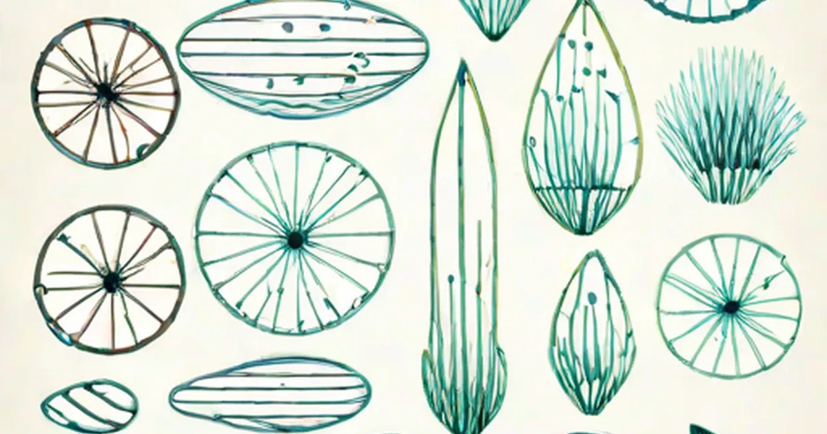 Scientific drawings of diatoms showing circular, boat-shaped and needle-like forms with geometric patterns