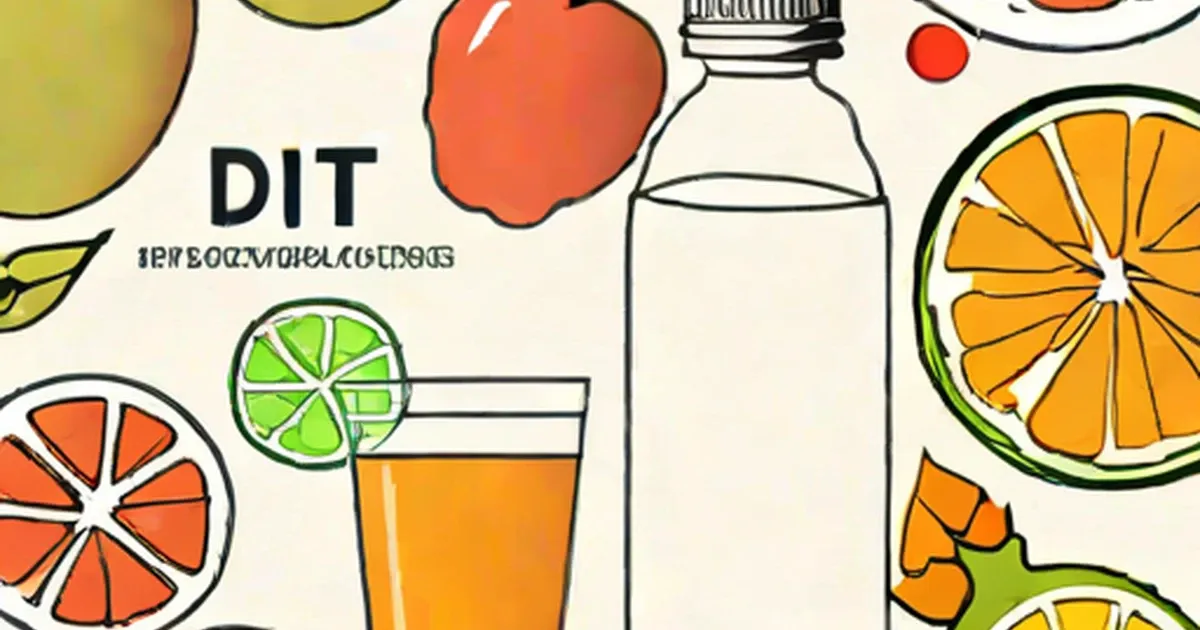 Illustrated citrus fruits, water bottle, and orange juice with lime slice