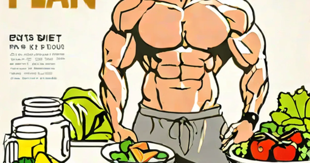 Illustrated muscular man surrounded by fresh vegetables and juice