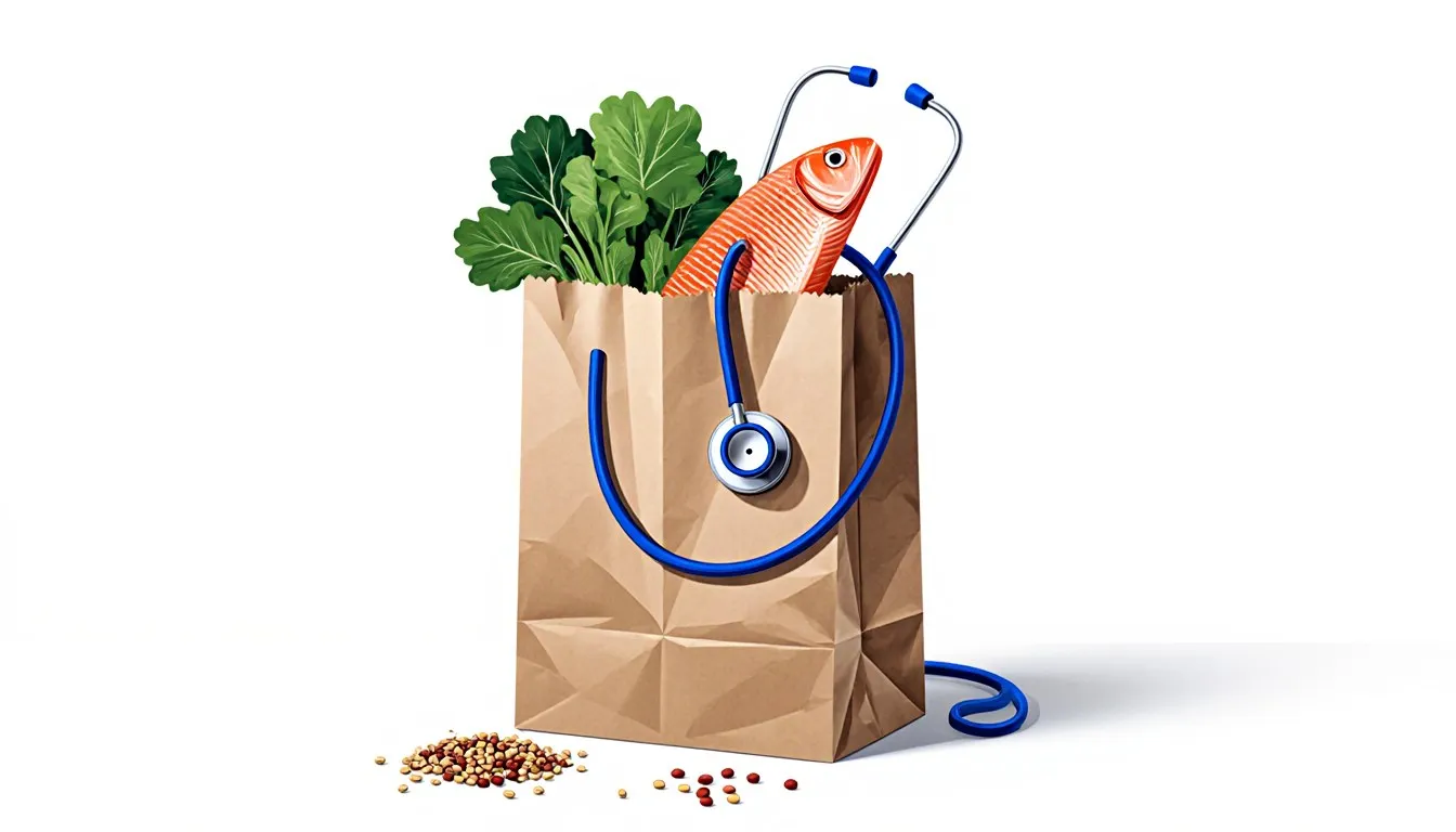 A brown paper grocery bag holding leafy greens and a whole fish, a blue stethoscope draped over its rim, with dried beans and grains spilled beside it