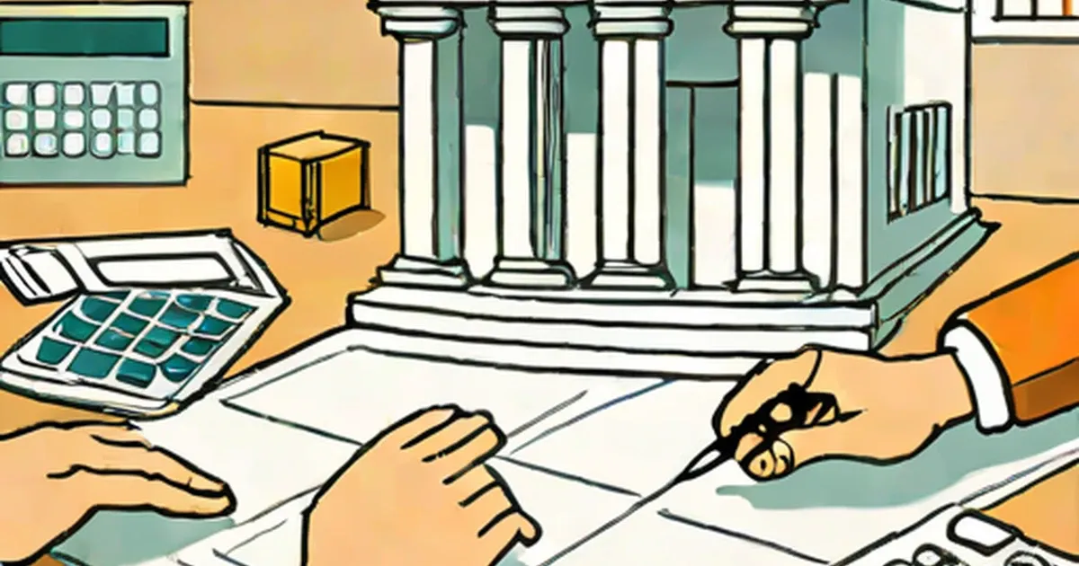 Hands working with financial documents at a desk beneath a classical bank building