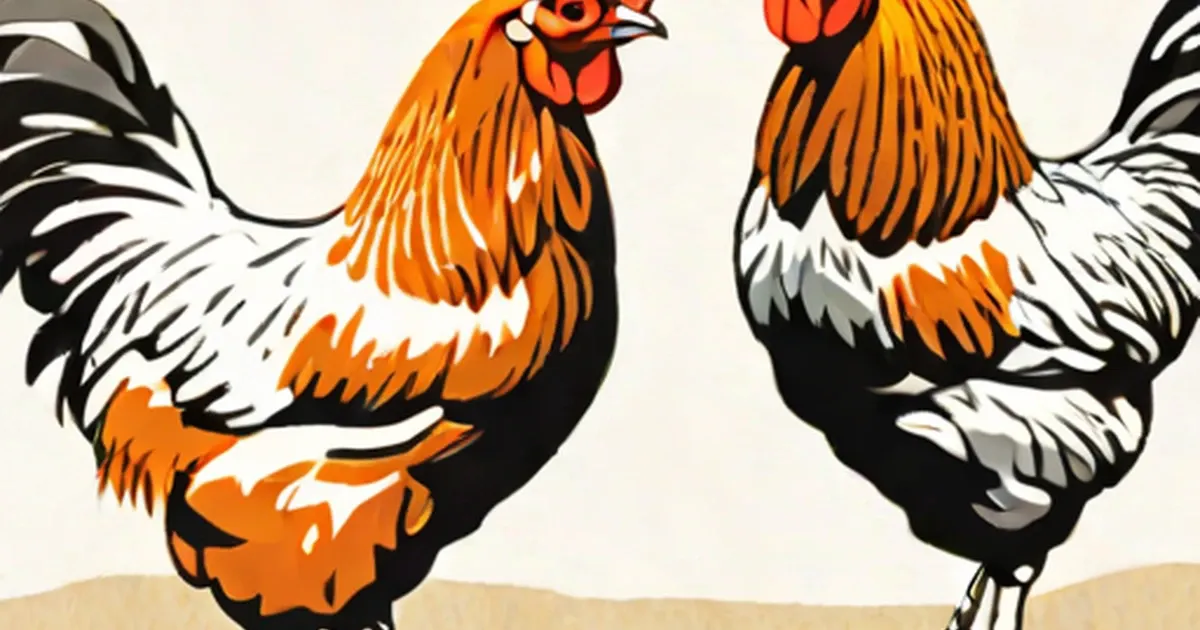 Two roosters with black, white, and orange plumage illustrated side by side