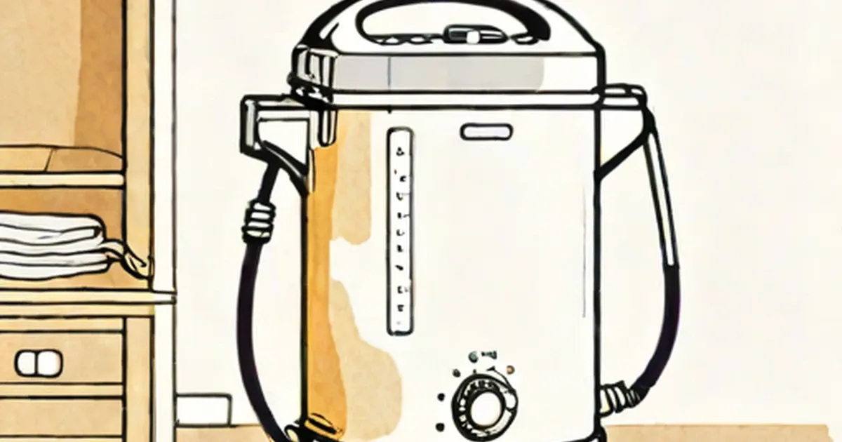 Garment steamer with control dial releasing steam, illustrated in line art