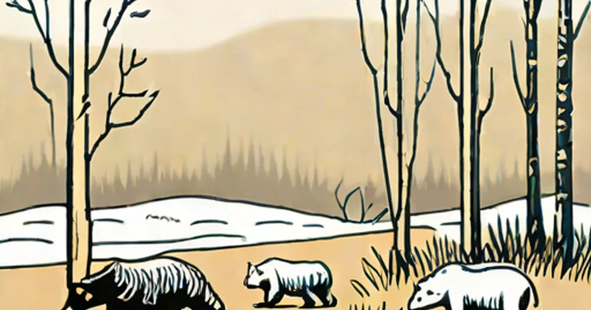 Bear, hedgehog, and fox in snow-covered forest with bare trees