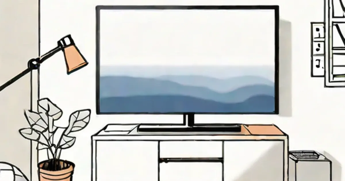 Flat-screen TV on a stand displaying a mountain landscape