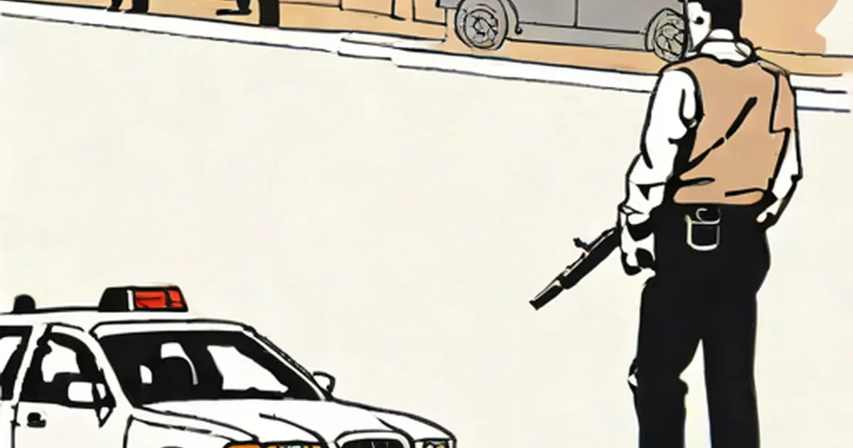 Uniformed police officer holding a rifle next to patrol car