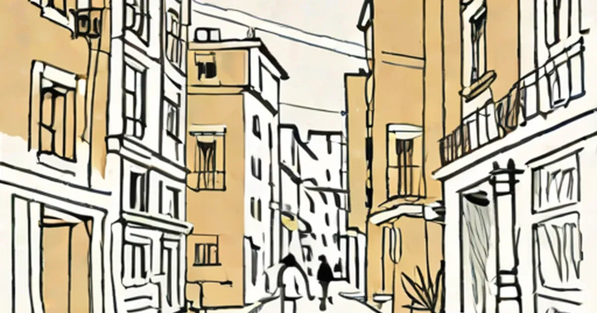 Hand-drawn sketch of a European city street with tall buildings and pedestrians