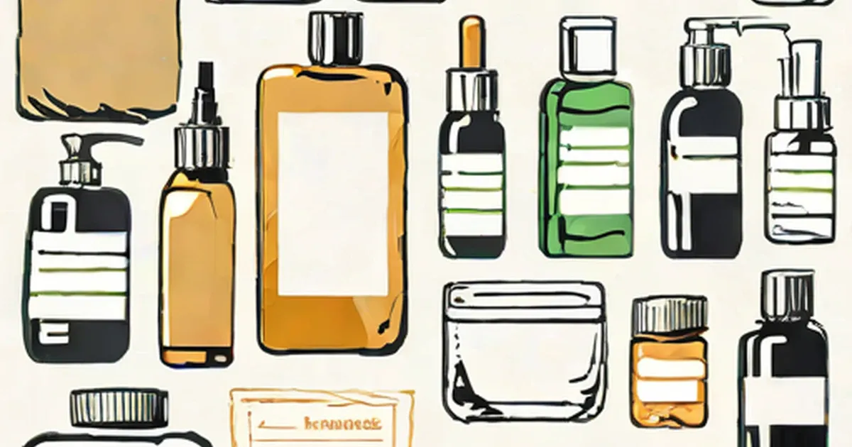 Assorted cosmetic bottles and jars in black, orange, and green